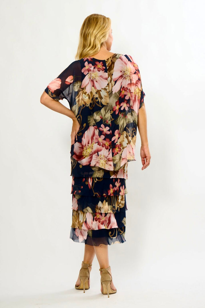 La Strada Multi-Layer Silk Dress in Navy Floral