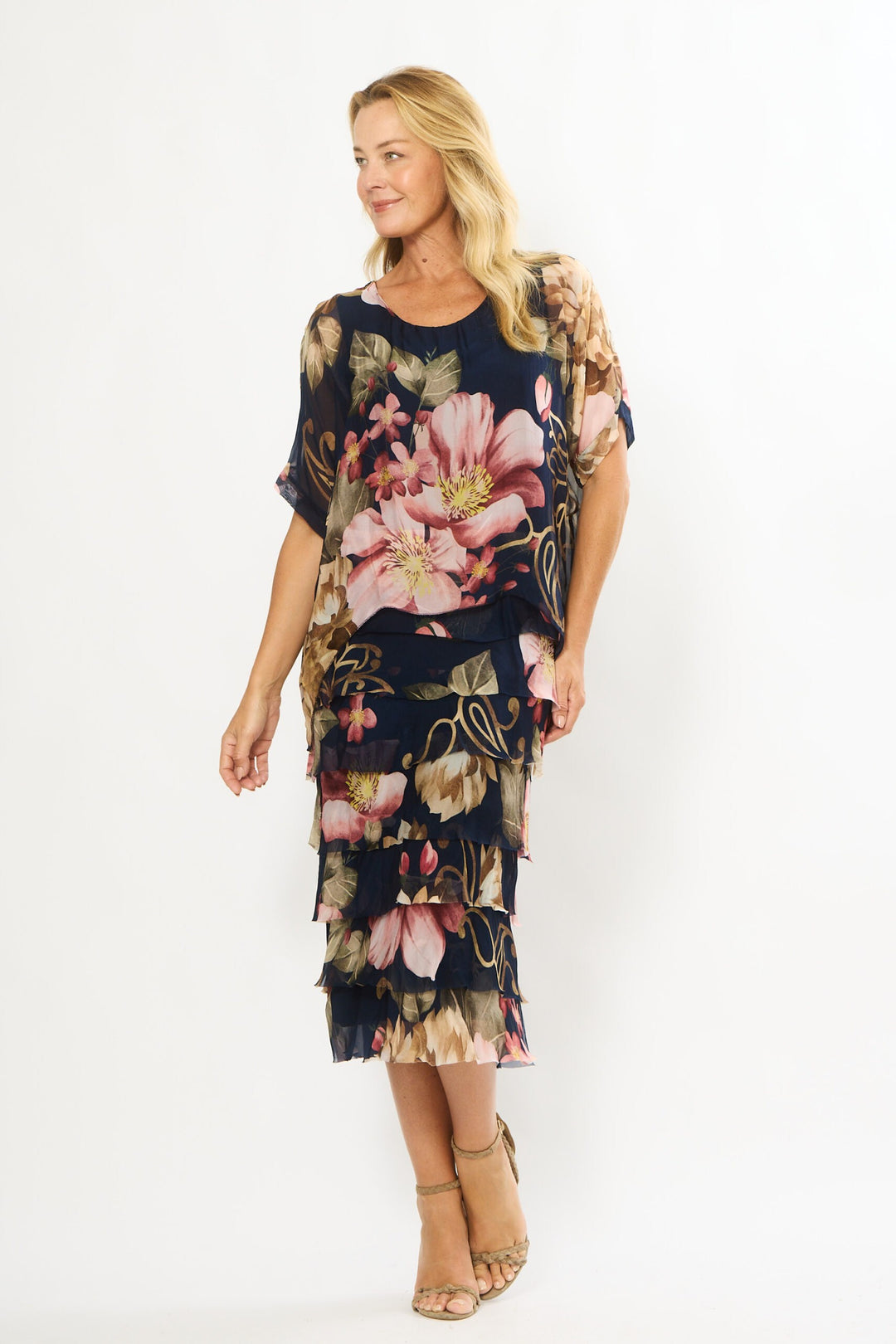 La Strada Multi-Layer Silk Dress in Navy Floral Runway7 La Strada Multi-Layer Silk Dress in Navy Floral Runway7