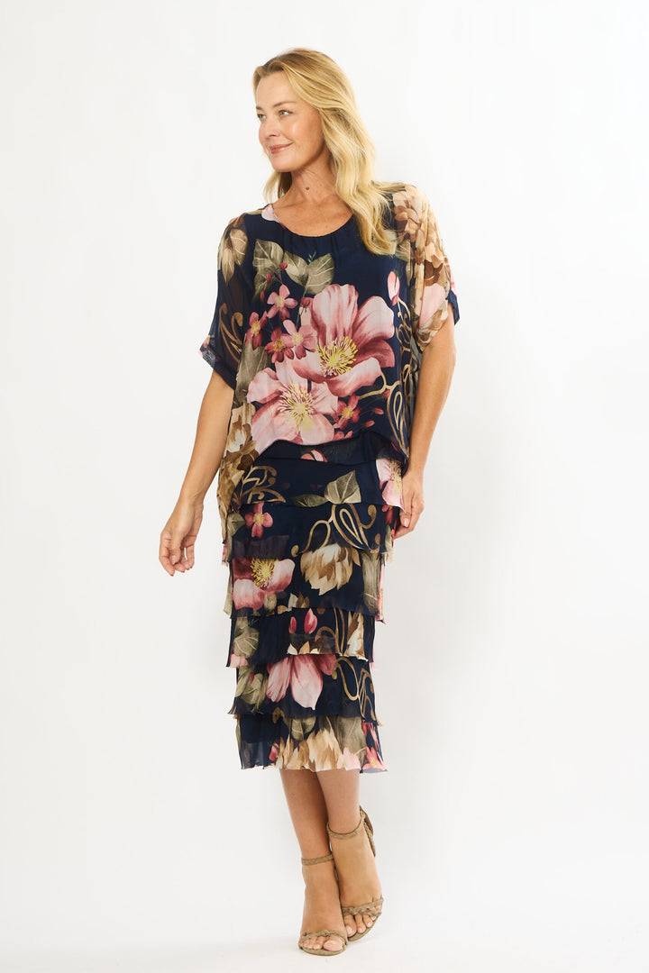 La Strada Multi-Layer Silk Dress in Navy Floral