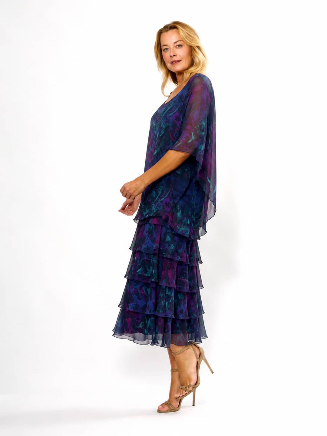 La Strada Multi-Layer Silk Dress in Navy/Pink/Aqua Floral