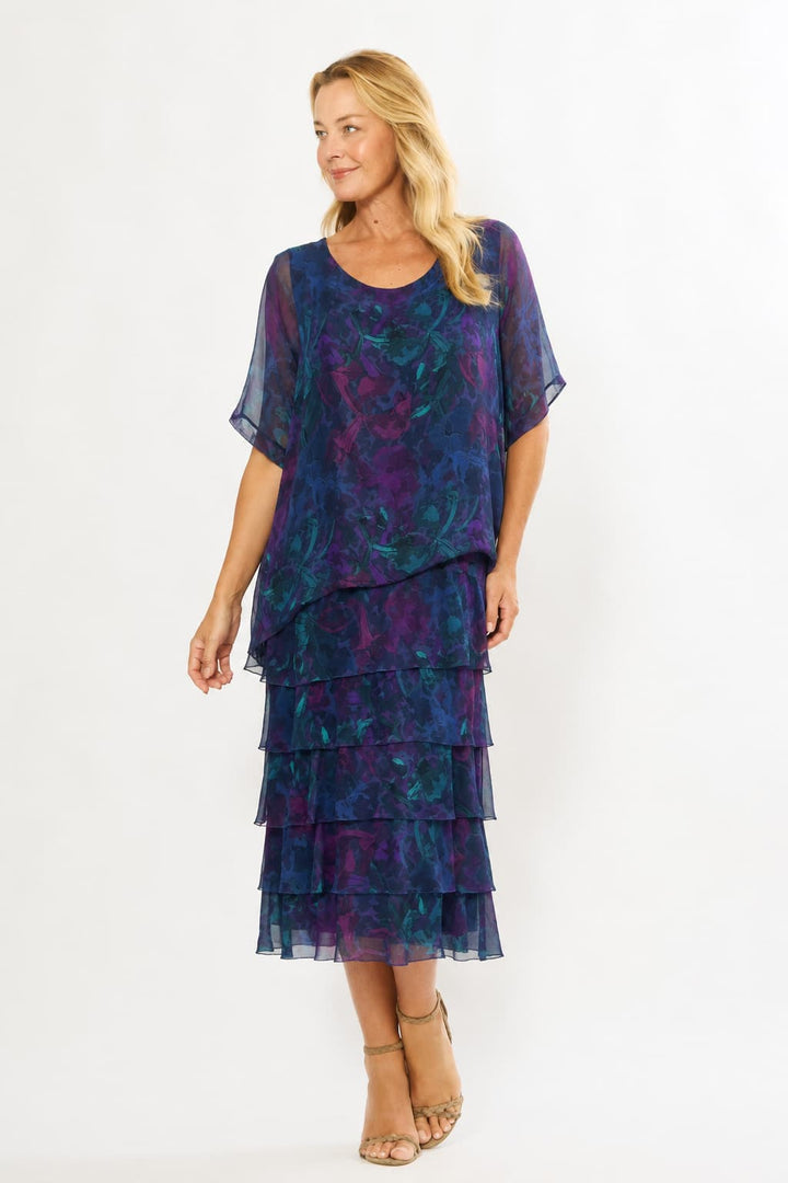 La Strada Multi-Layer Silk Dress in Navy/Pink/Aqua Floral