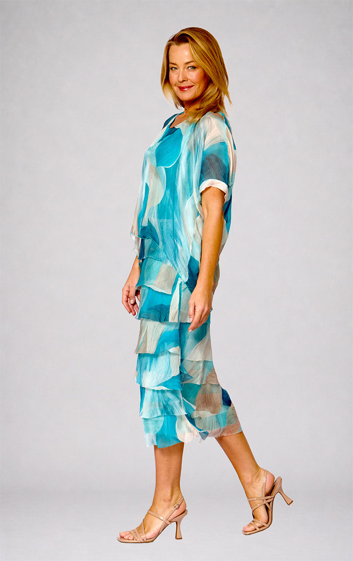 La Strada Multi-Layer Silk Dress in Aqua Abstract Print