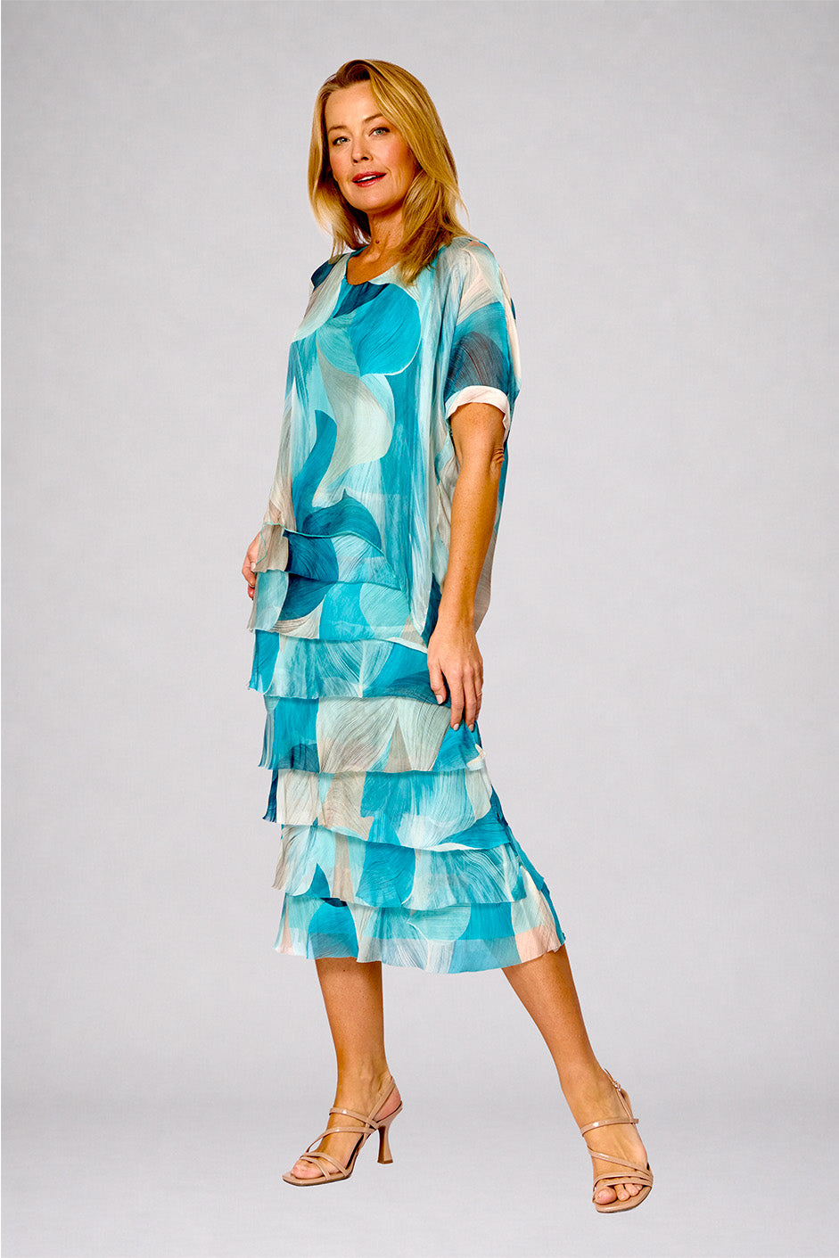 La Strada Multi-Layer Silk Dress in Aqua Abstract Print