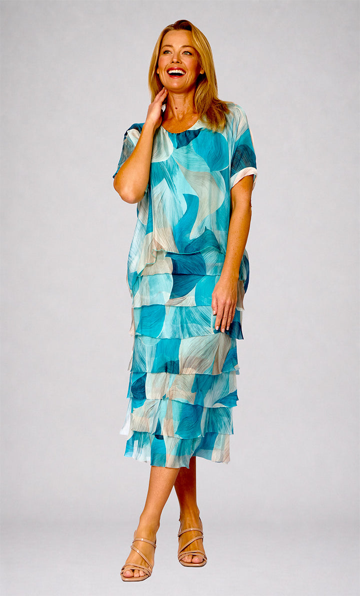 La Strada Multi-Layer Silk Dress in Aqua Abstract Print