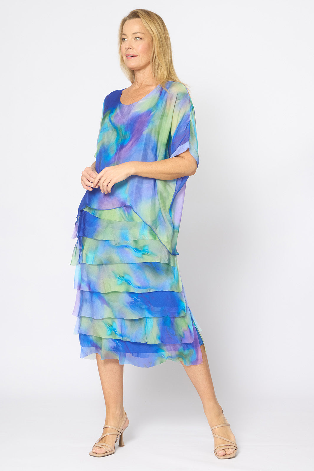 La Strada Multi-Layer Silk Dress in Cobalt Print
