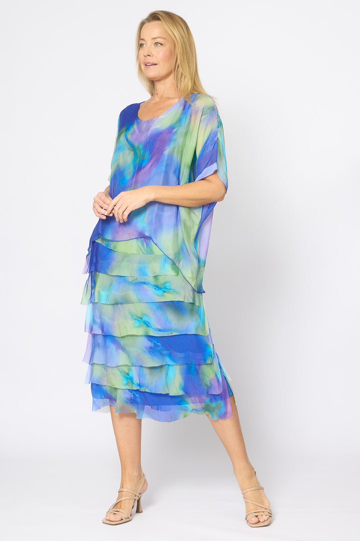 La Strada Multi-Layer Silk Dress in Cobalt Print