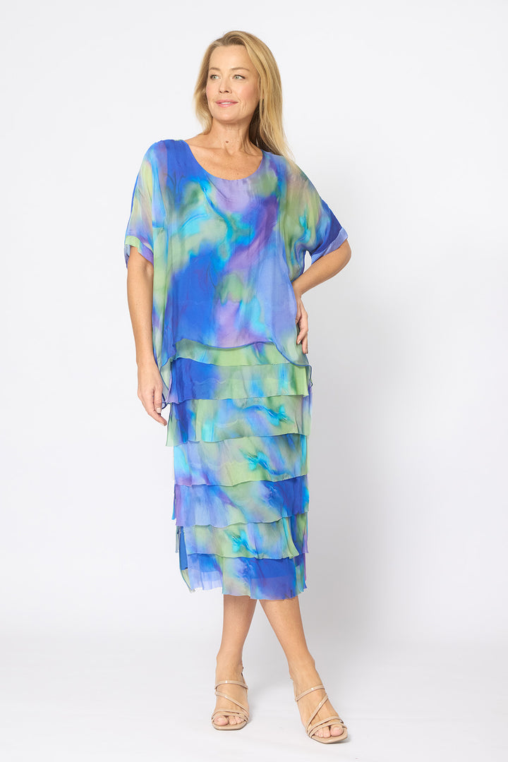 La Strada Multi-Layer Silk Dress in Cobalt Print