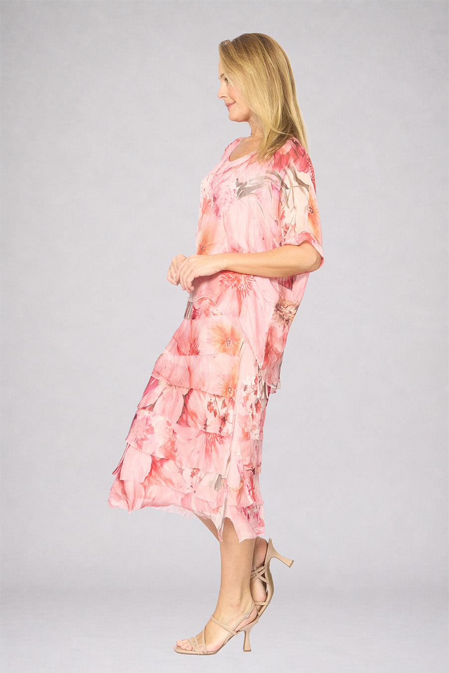 La Strada Multi-Layer Silk Dress in Pink Multi Floral