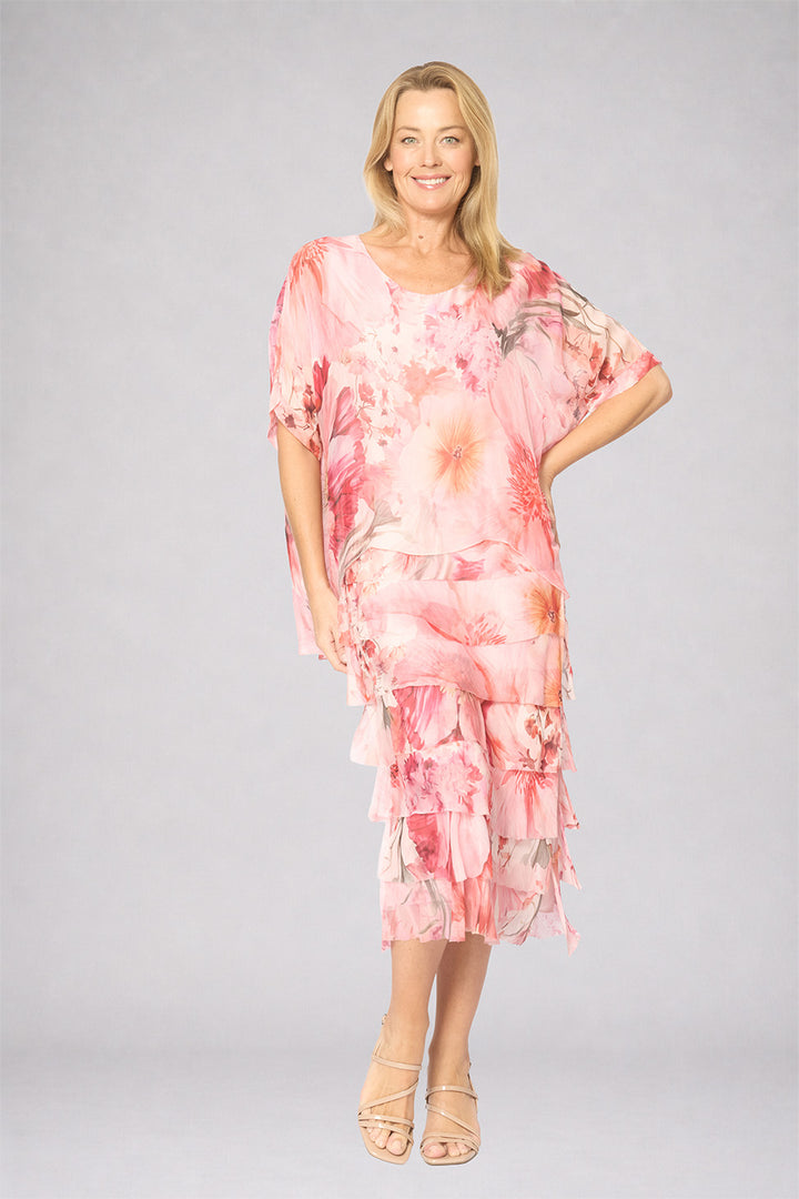 La Strada Multi-Layer Silk Dress in Pink Multi Floral