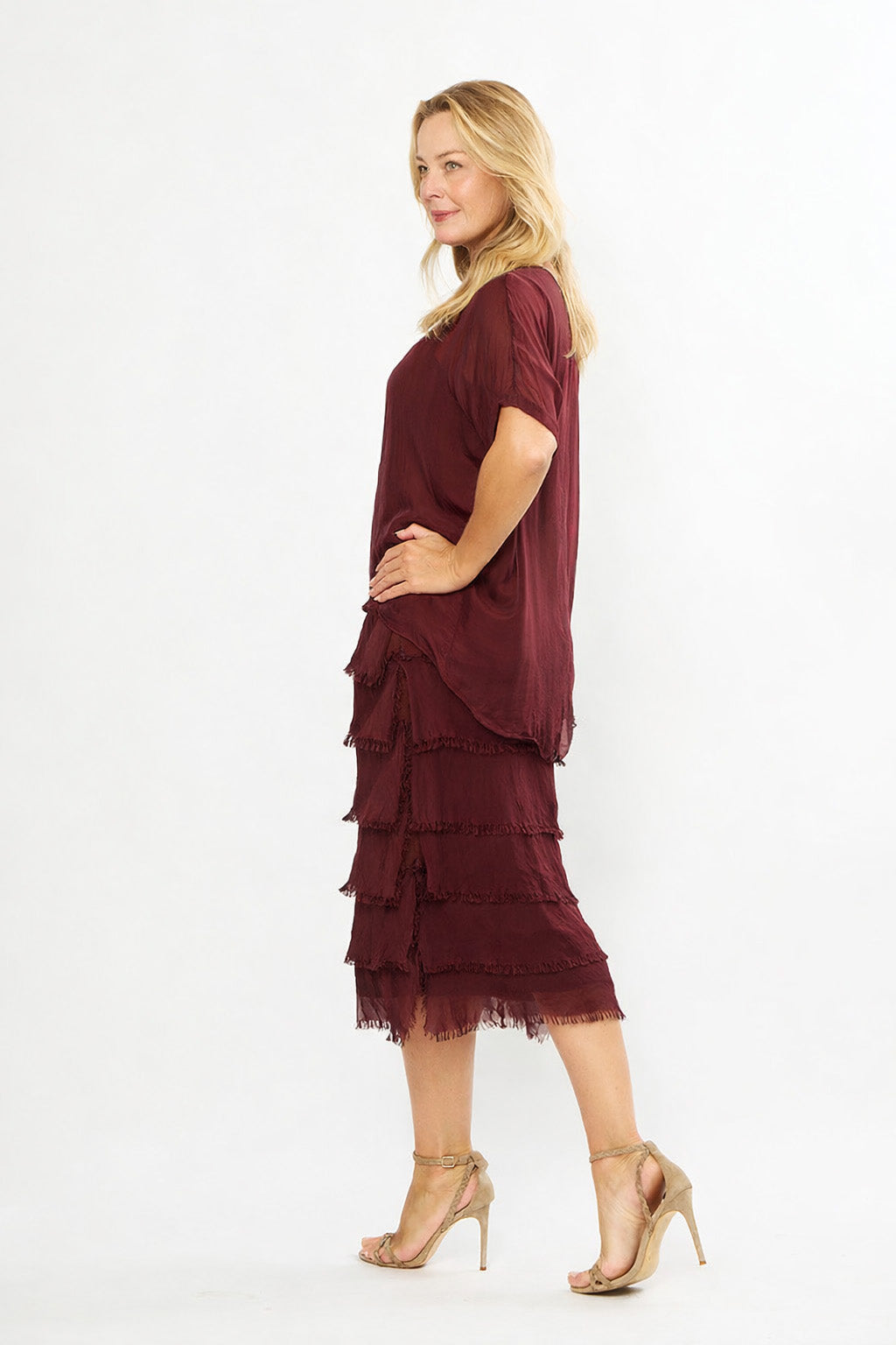 La Strada Multi-Layer Silk Dress in Wine