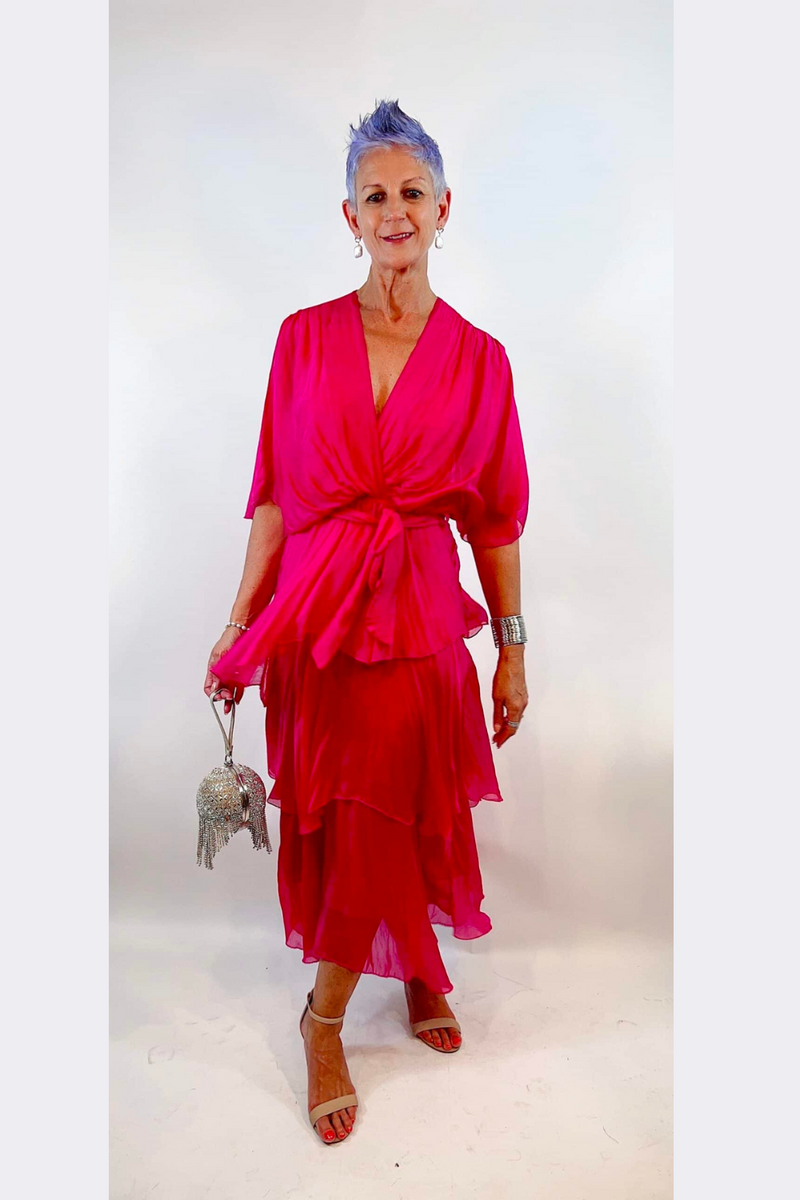 La Strada Cross Over Neckline Layer Skirt Dress in Raspberry