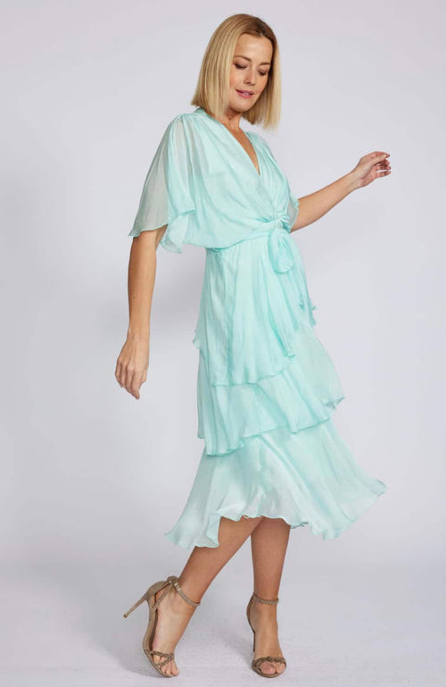 La Strada Cross Over Neckline Layer Skirt Dress in Aqua
