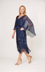 La Strada Silk Cape Dress in Navy Gold Print