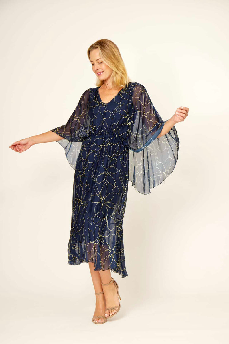 La Strada Silk Cape Dress in Navy Gold Print