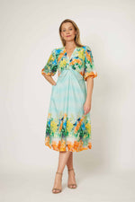 La Strada Knot Front Linen Green Floral Dress