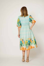 La Strada Knot Front Linen Green Floral Dress