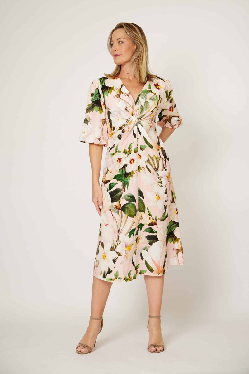 La Strada Knot Front Linen Pink Floral Dress