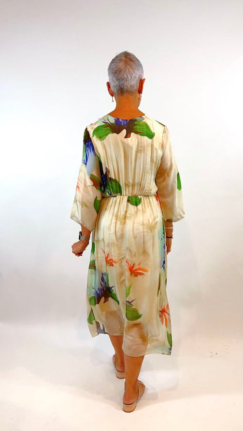 La Strada Knot Front Silk Dress in Ivory, Orange and Cobalt Floral