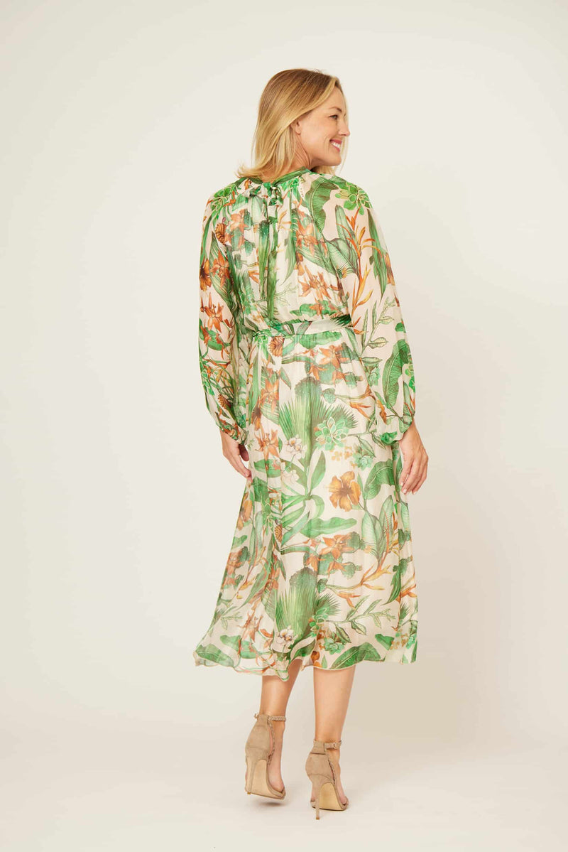 La Strada Keyhole Neckline Silk Dress in Green Floral