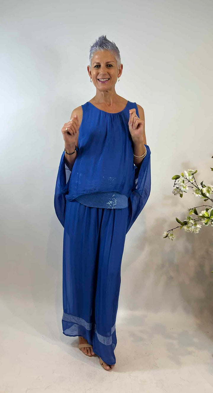 La Strada Silk Over Cape in Cobalt, shown with sequin trim singlet top