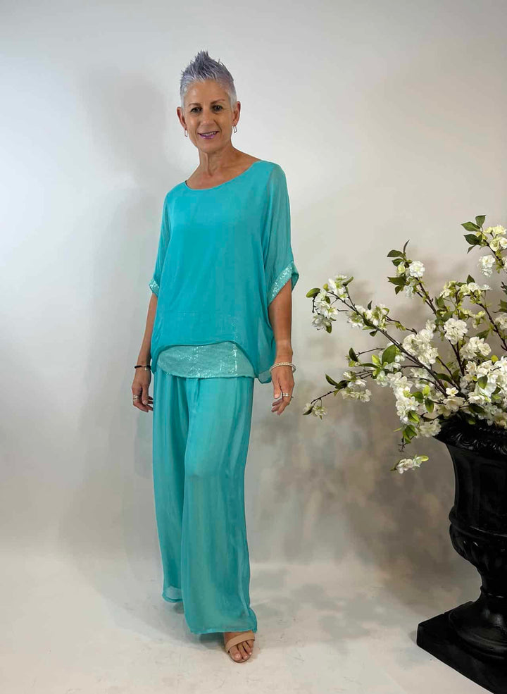 La Strada Silk Blended Pants in Aqua FAULTY.