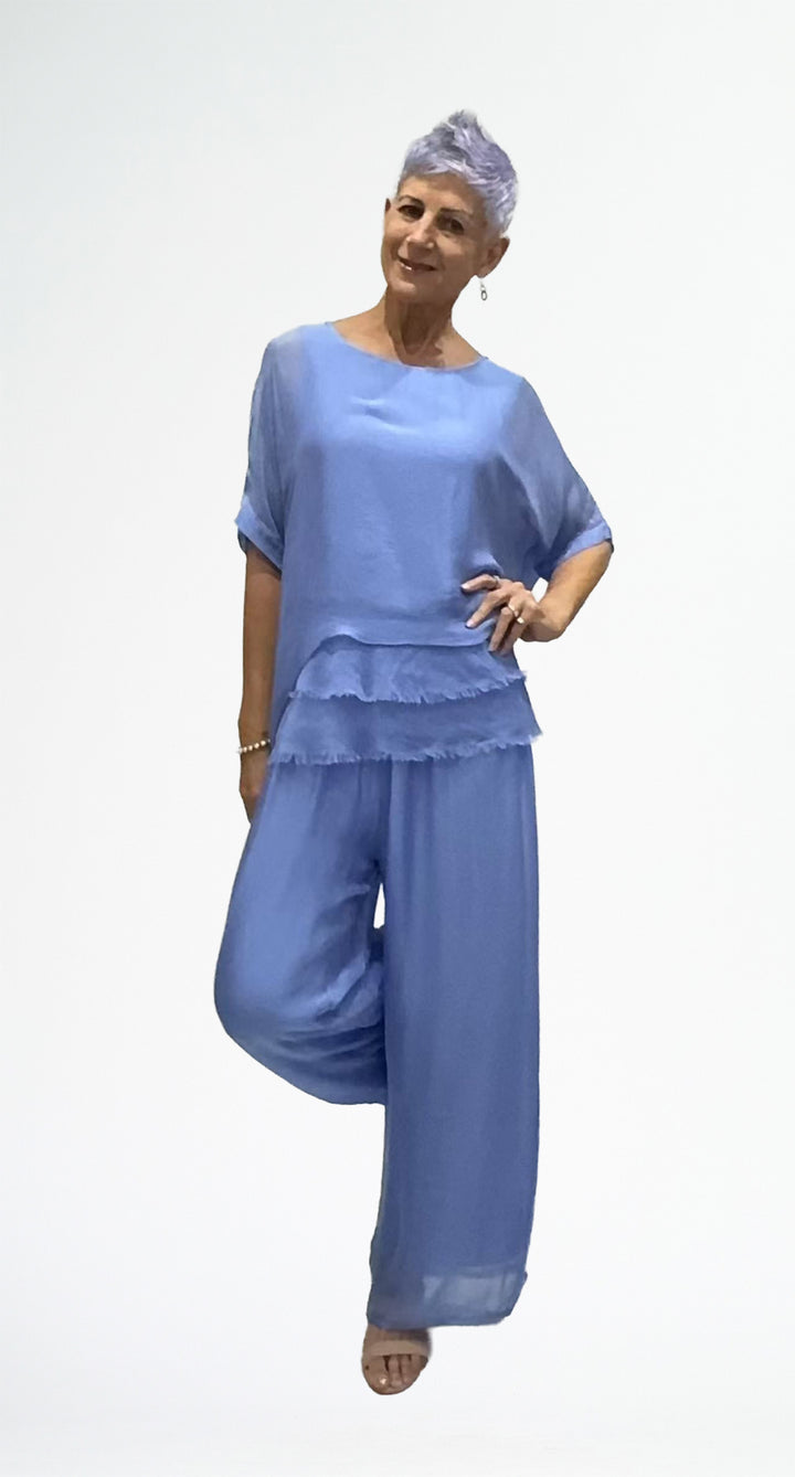 La Strada Silk Blended Pants in Blue Turco