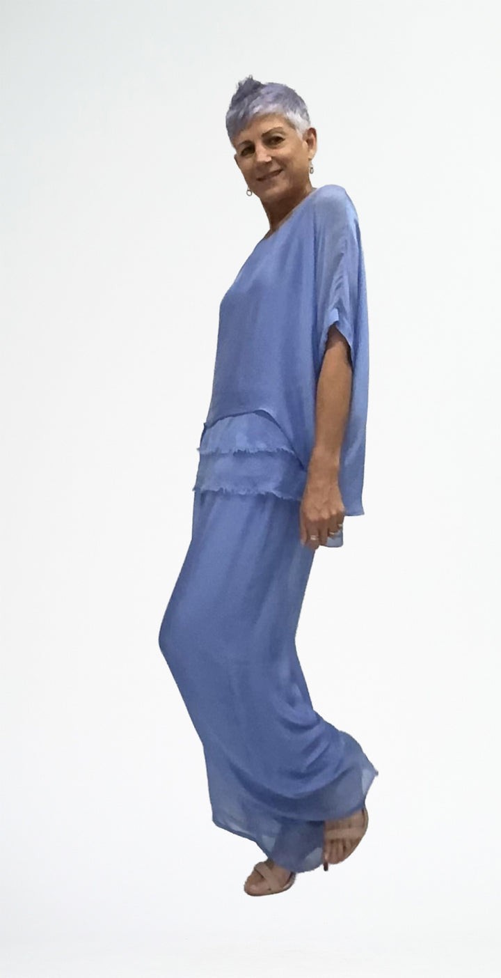 La Strada Silk Blended Pants in Blue Turco