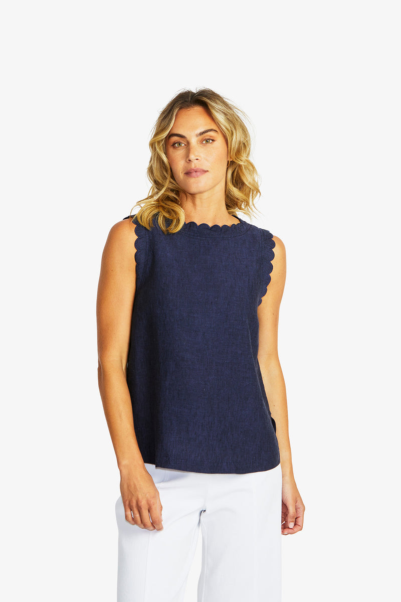 Ping Pong Lucy Linen Scallop Top in Navy
