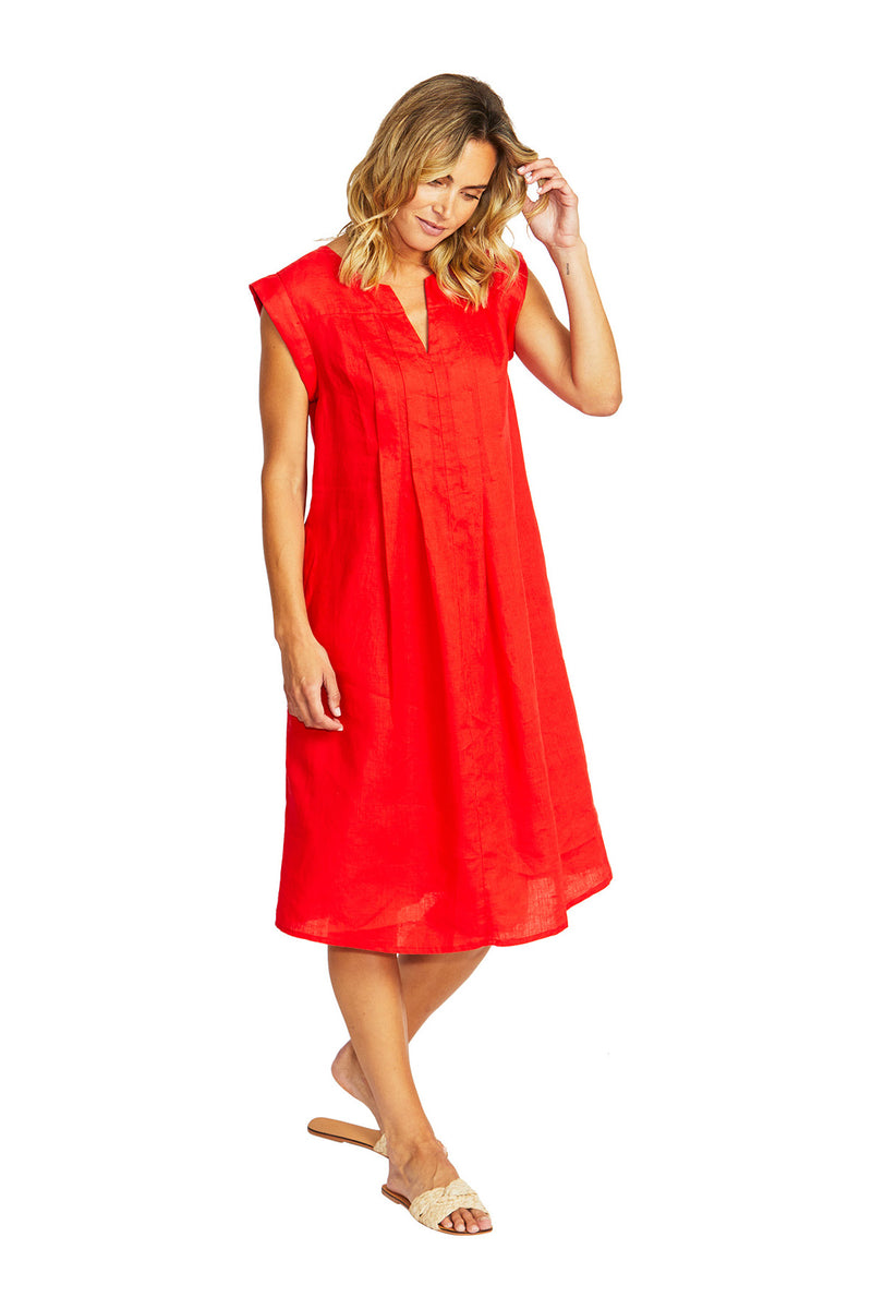 Ping Pong Maria Linen Pintuck Dress in Poppy