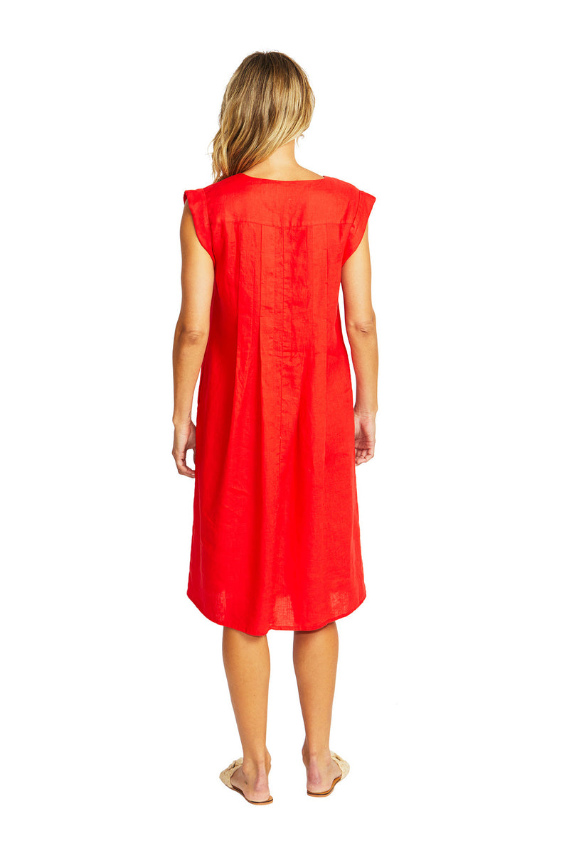 Ping Pong Maria Linen Pintuck Dress in Poppy