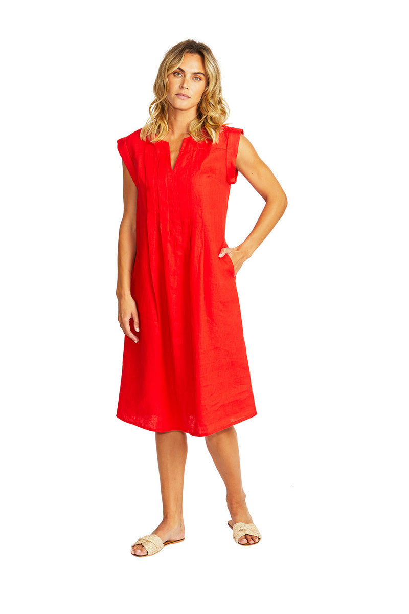 Ping Pong Maria Linen Pintuck Dress in Poppy