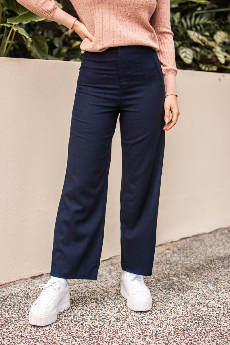 Silver Wishes High Waist Linen Blend Pants in Navy