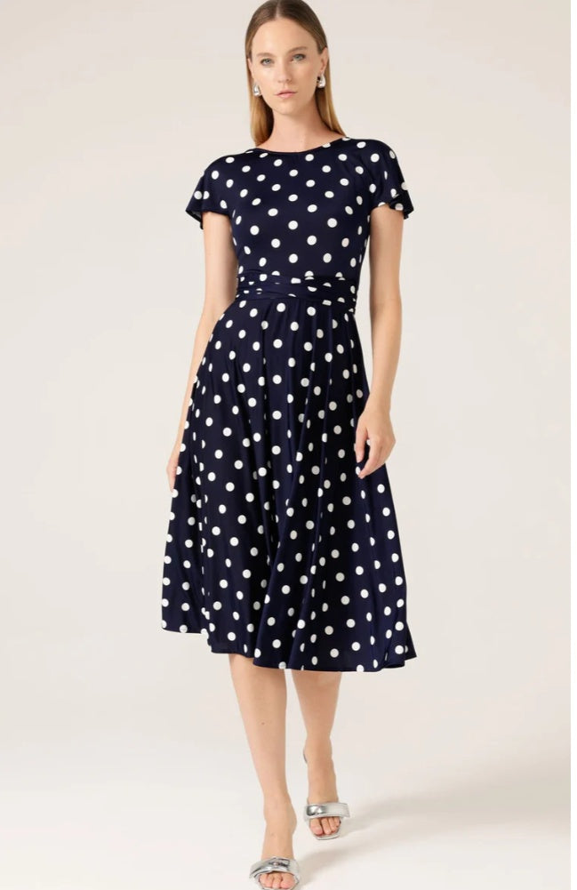 Sacha Drake Reverse Wrap Midi Dress in Navy Spot