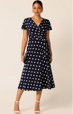 Sacha Drake Reverse Wrap Midi Dress in Navy Spot