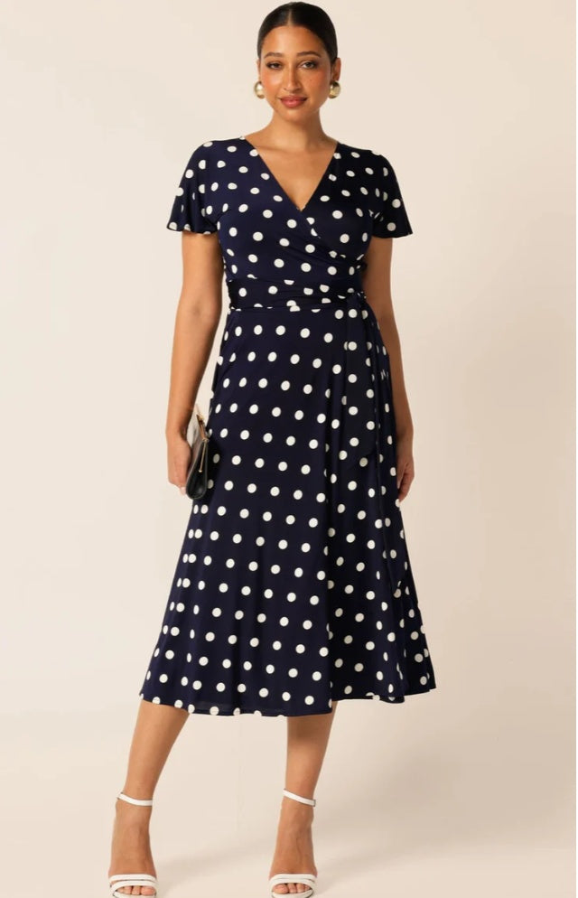 Sacha Drake Reverse Wrap Midi Dress in Navy Spot