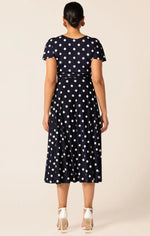 Sacha Drake Reverse Wrap Midi Dress in Navy Spot