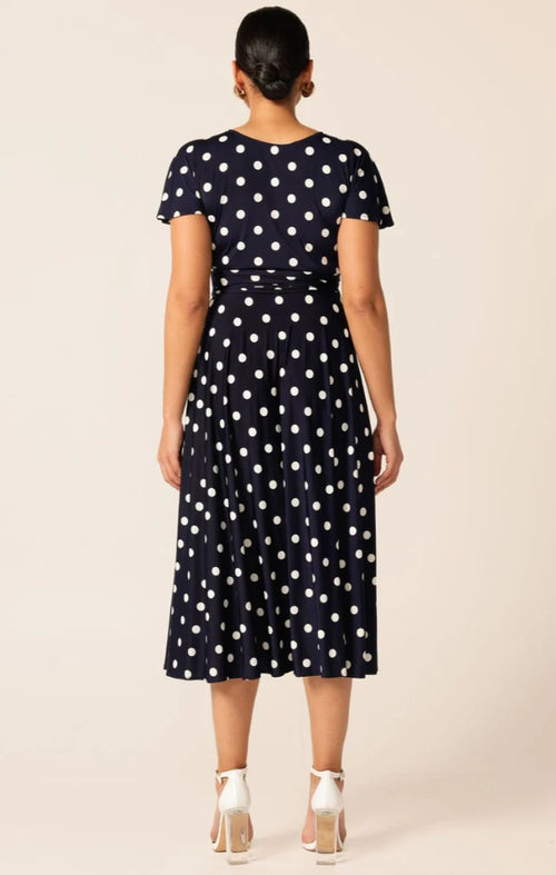 Sacha Drake Reverse Wrap Midi Dress in Navy Spot
