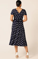 Sacha Drake Reverse Wrap Midi Dress in Navy Spot