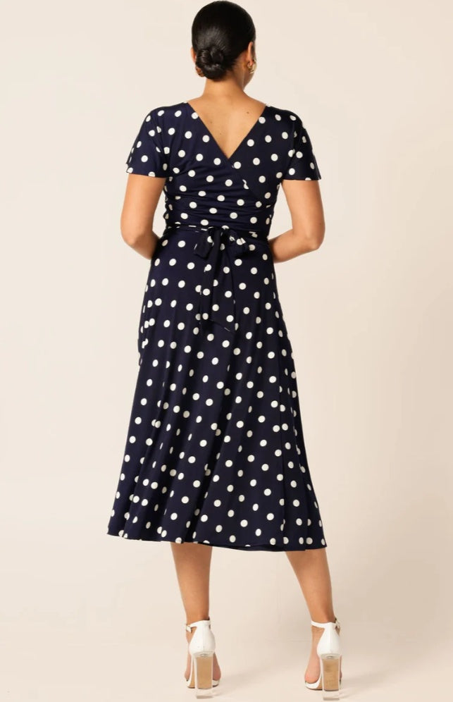 Sacha Drake Reverse Wrap Midi Dress in Navy Spot