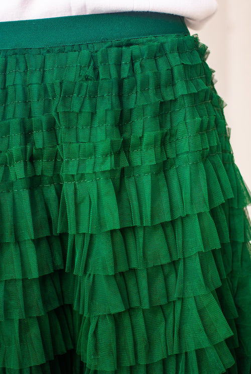Silver Wishes Ruffle Mesh Party Skirt in Emerald