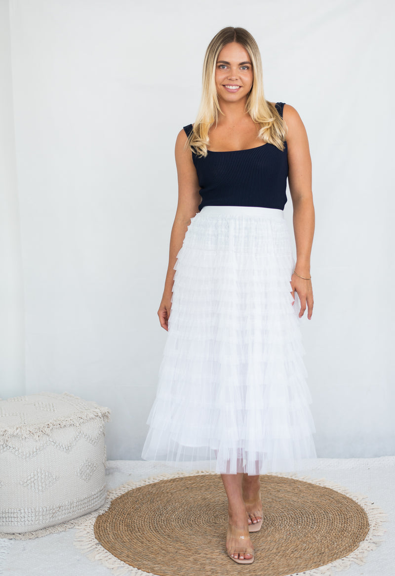 Fria Ruffle Mesh Party Skirt in White