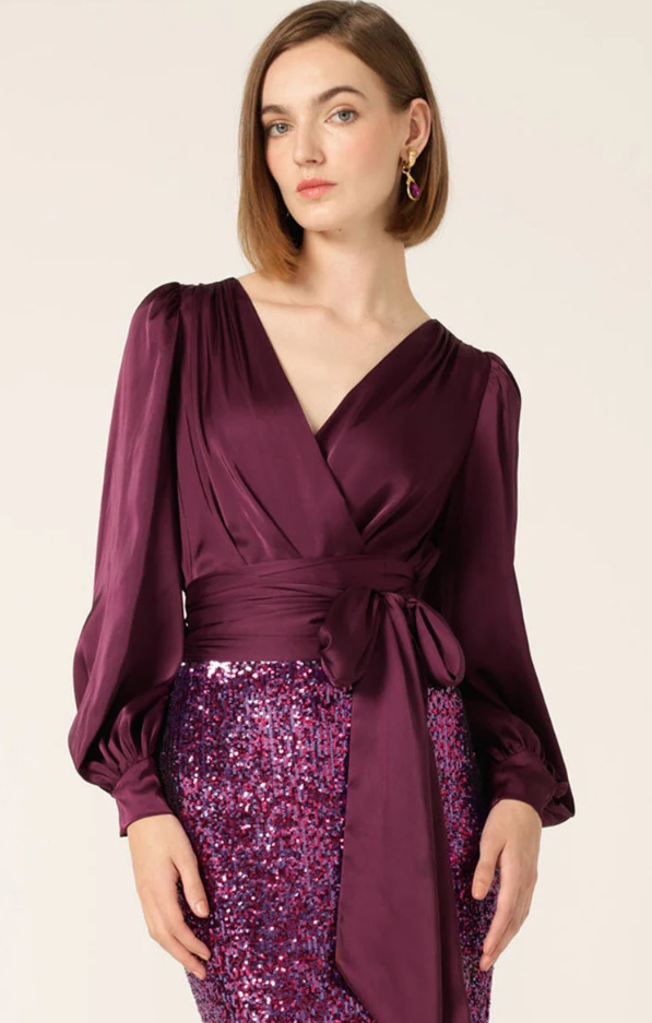Sacha Drake Satin Faux Wrap Peplum Top in Black Cherry
