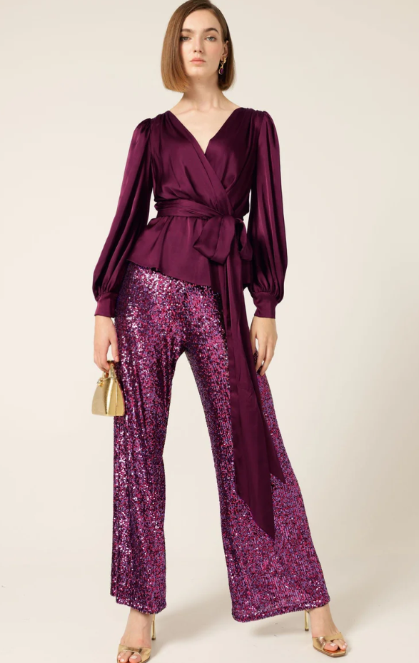 Sacha Drake Satin Faux Wrap Peplum Top in Black Cherry