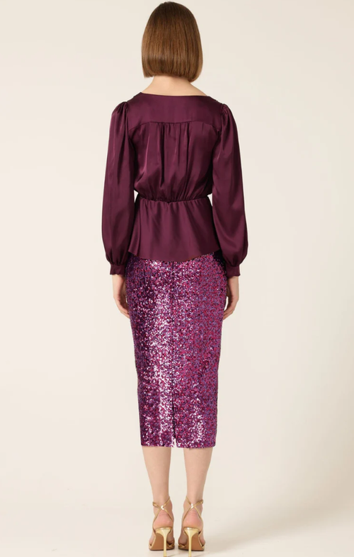 Sacha Drake Satin Faux Wrap Peplum Top in Black Cherry