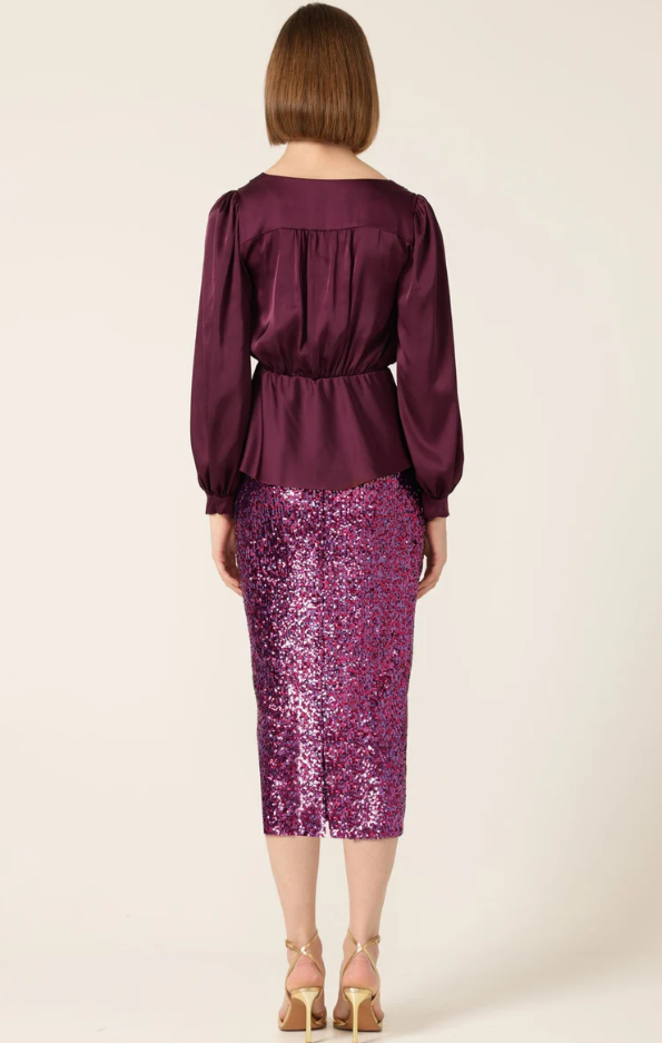 Sacha Drake Satin Faux Wrap Peplum Top in Black Cherry