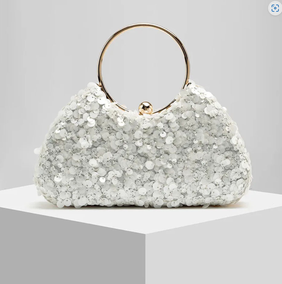 R7 Structured Sequin Clutch with Handle in Ivory 242