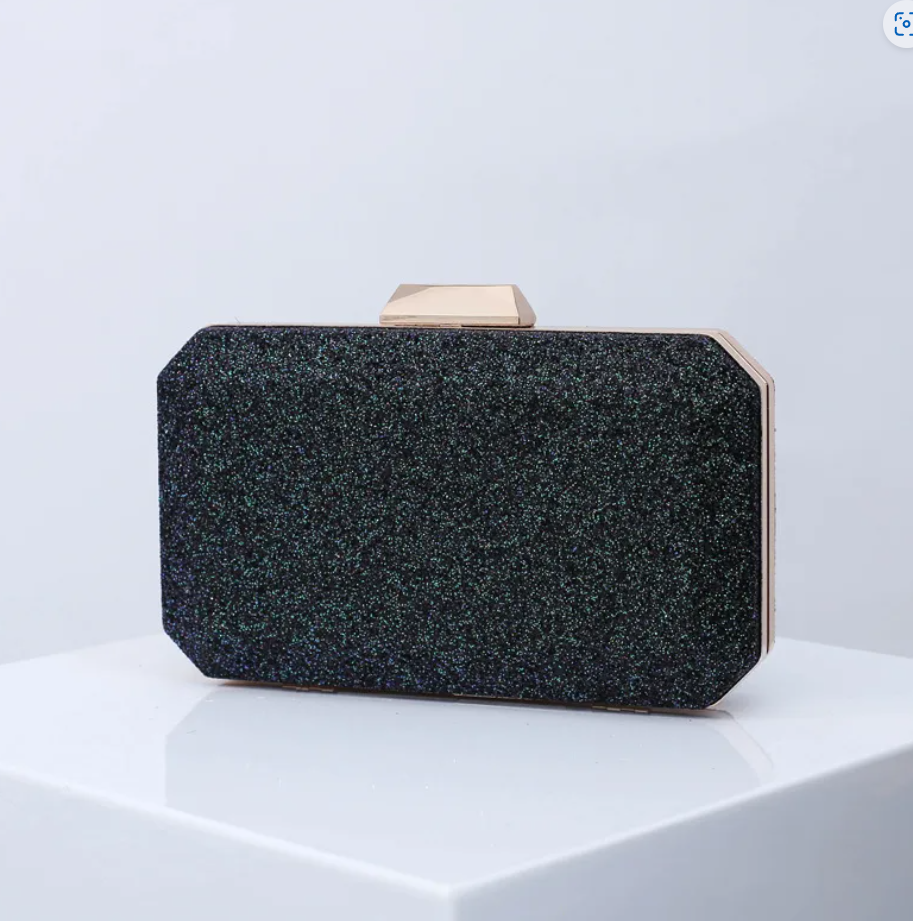 R7 Structured Clutch in Glitter Black/Green 260