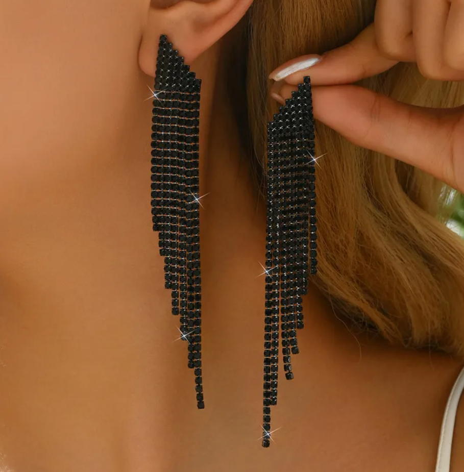 R7 Tassel Drop Earrings in Black 307