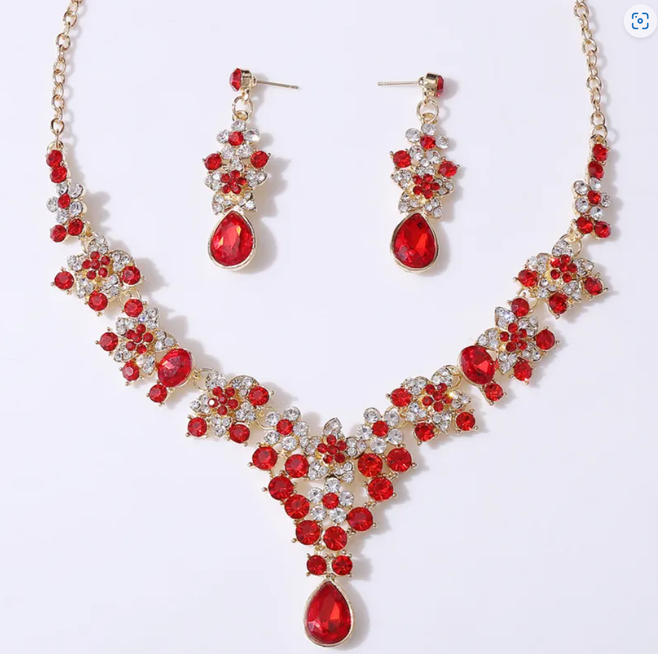 R7 Diamante Gold/Ruby Necklace and Earrings set 316