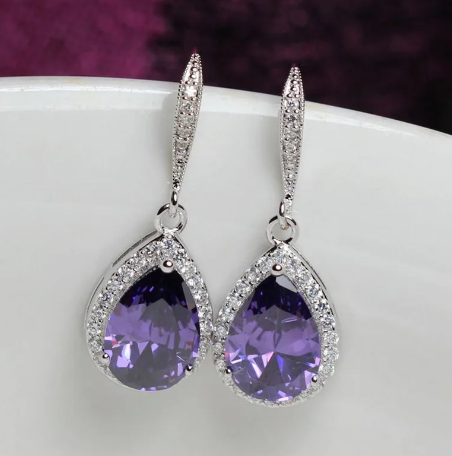 R7 Diamante Drop Zirconia Earrings Purple 339
